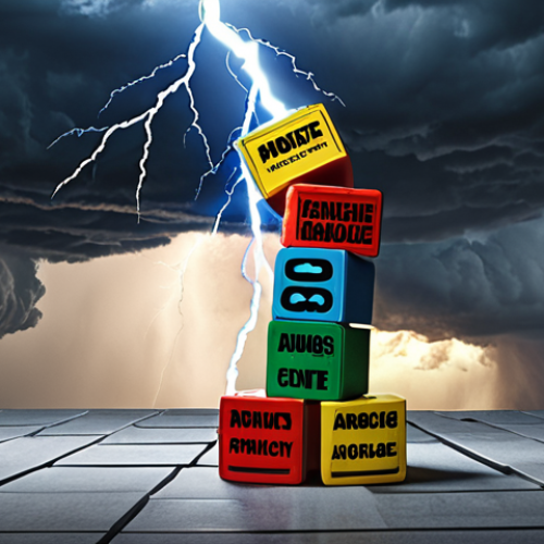 **Image Prompt:** A precarious stack of building blocks representing a startup, with one block labeled "Arrogance" about to topple the entire structure. In the background, storm clouds gather, and lightning strikes a competitor's solid building. Dramatic, slightly cartoonish style.