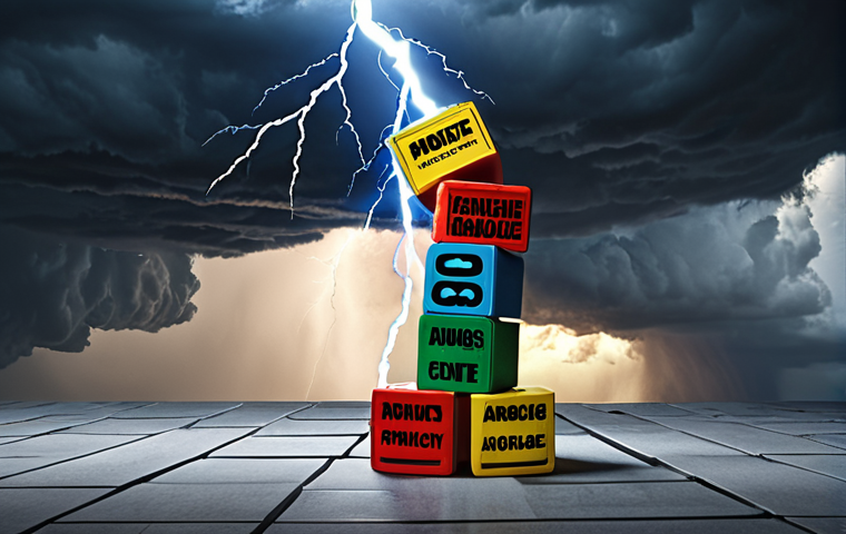 **Image Prompt:** A precarious stack of building blocks representing a startup, with one block labeled "Arrogance" about to topple the entire structure. In the background, storm clouds gather, and lightning strikes a competitor's solid building. Dramatic, slightly cartoonish style.